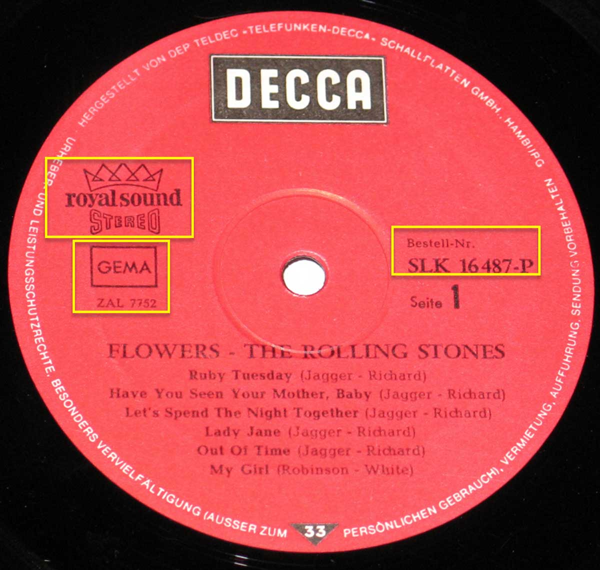 Enlarged High Resolution Photo of the Record's label Rolling Stones - Flowers Royal Sound Release https://vinyl-records.nl