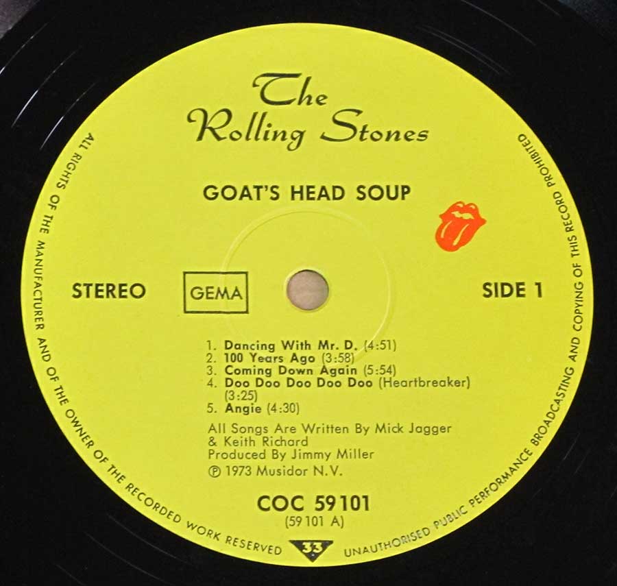 Close up of record's label ROLLING STONES - Goats Head Soup ( Album Images ) Side One