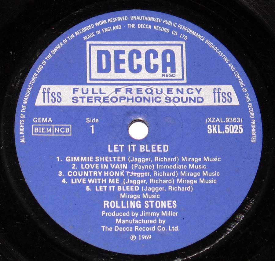 Close up of record's label ROLLING STONES - Let it Bleed England Decca FFSS Side One