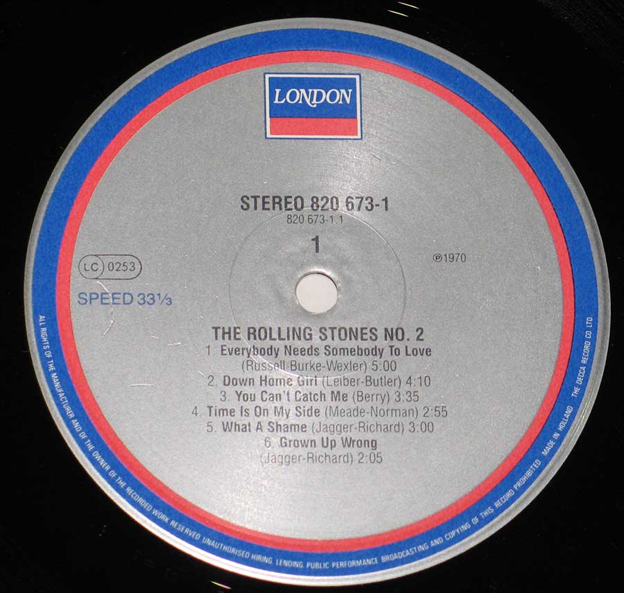 Close up of record's label ROLLING STONES - NO 2 / VOL 2 Side One