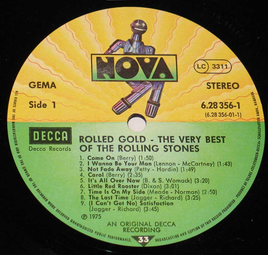 Close up of record's label Rolling Stones - Rolled Gold Nova Records Side One