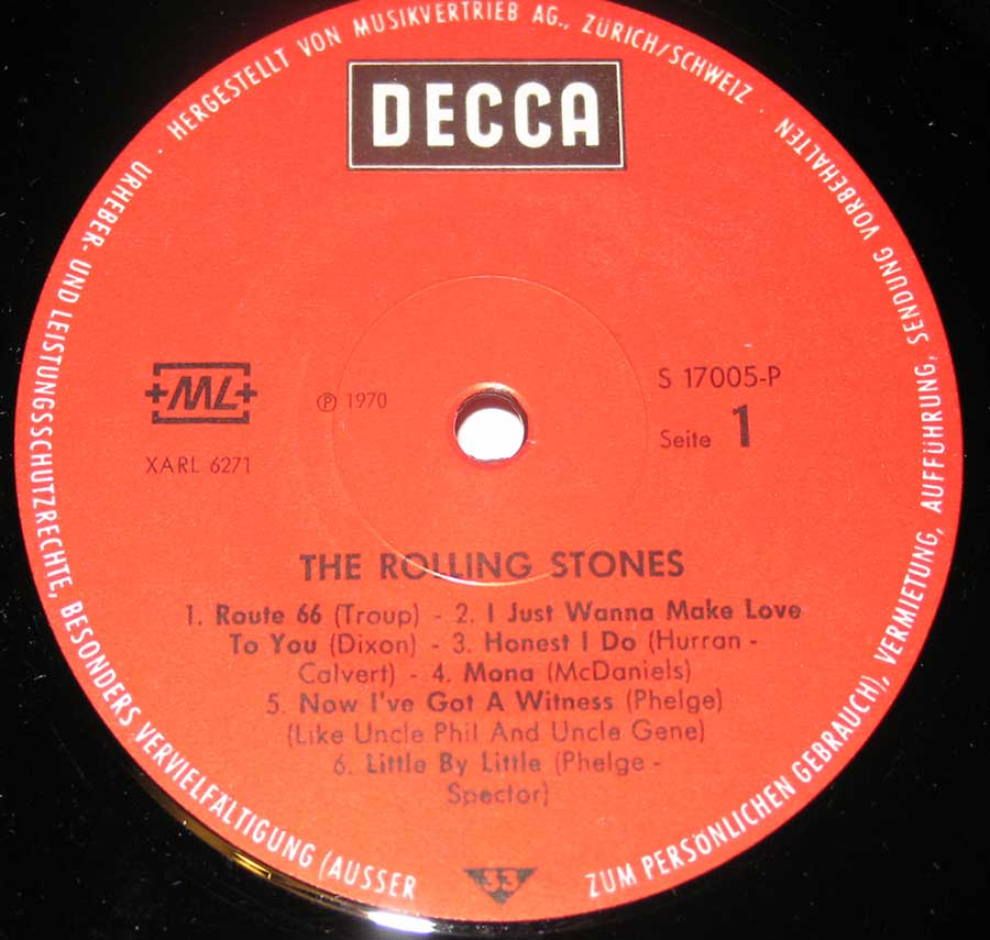 Close up of record's label ROLLING STONES - Self-Titled ( Switzerland ) Side One