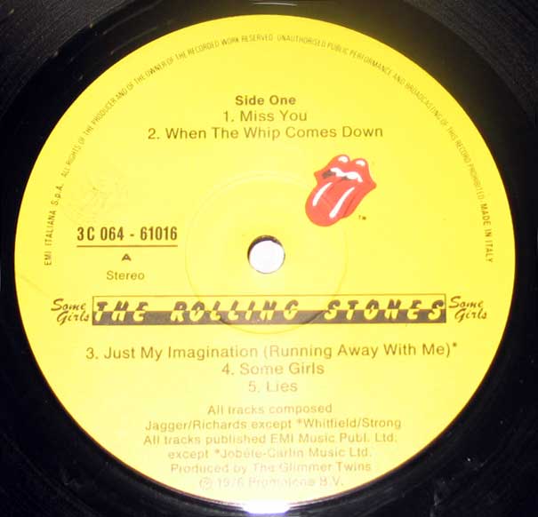 Close up of record's label ROLLING STONES - Some Girls Italy Side One