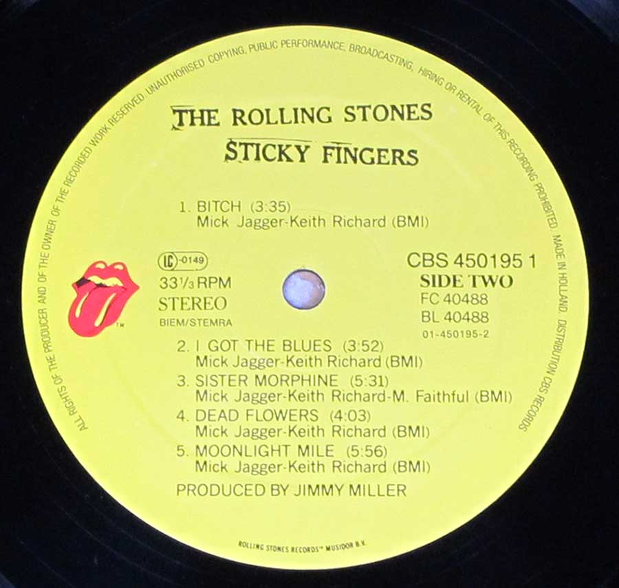 Close up of record's label ROLLING STONES - Sticky Fingers CBS Netherlands Side One
