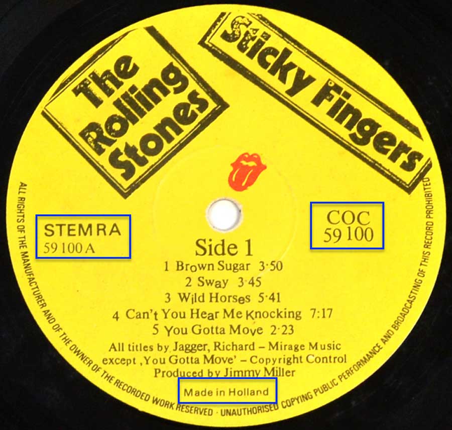 Close up of record's label ROLLING STONES - Sticky Fingers Real Zipper Netherlands Side One