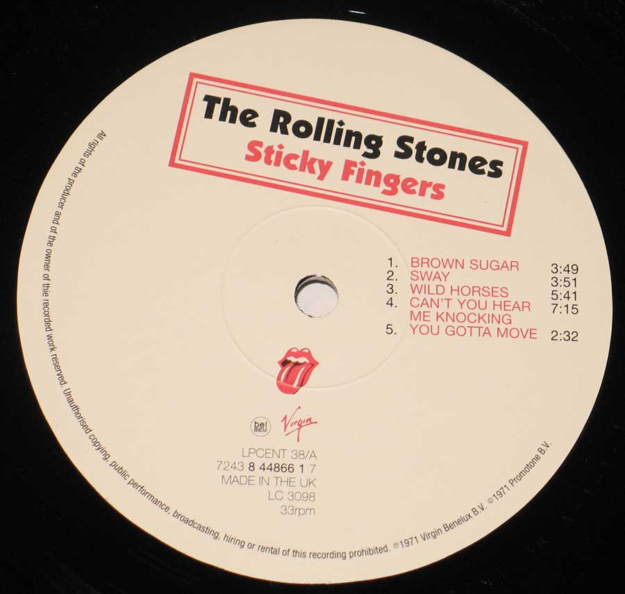Close up of record's label ROLLING STONES - Sticky Fingers UK Side One