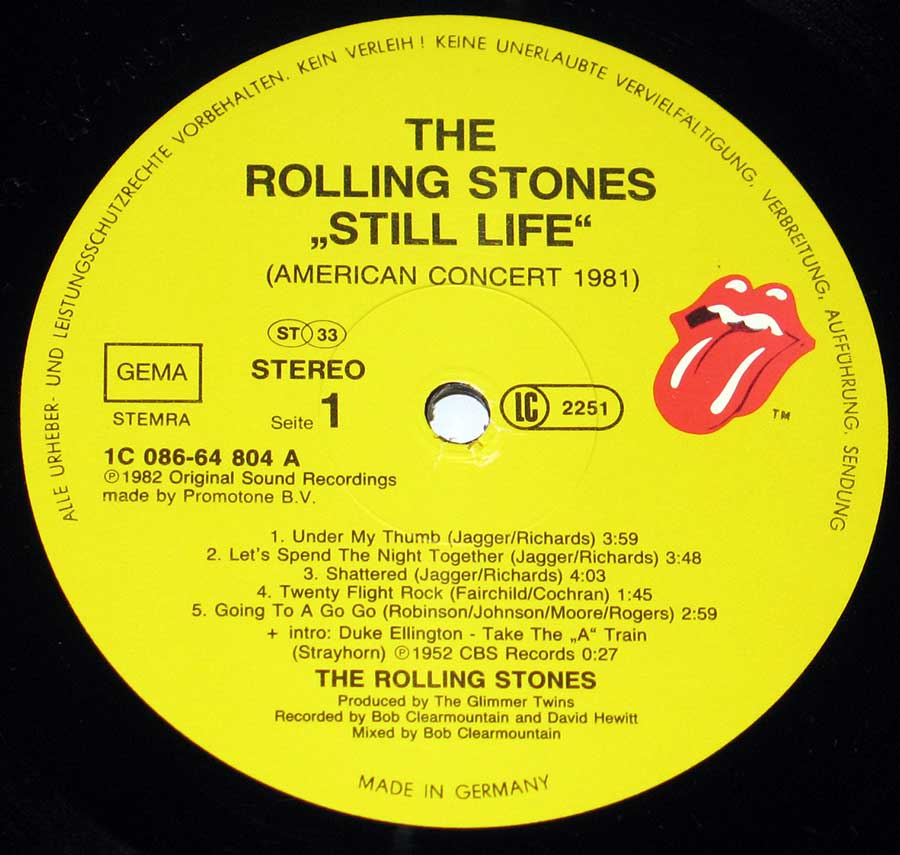 Close up of record's label ROLLING STONES - Still Life (American Concert 1981) Side One