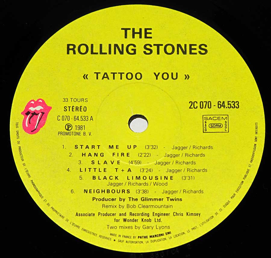 Close up of record's label ROLLING STONES - Tattoo You ( French Release ) Side One