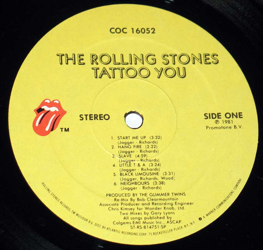 Close up of record's label ROLLING STONES - Tattoo You USA release Side One