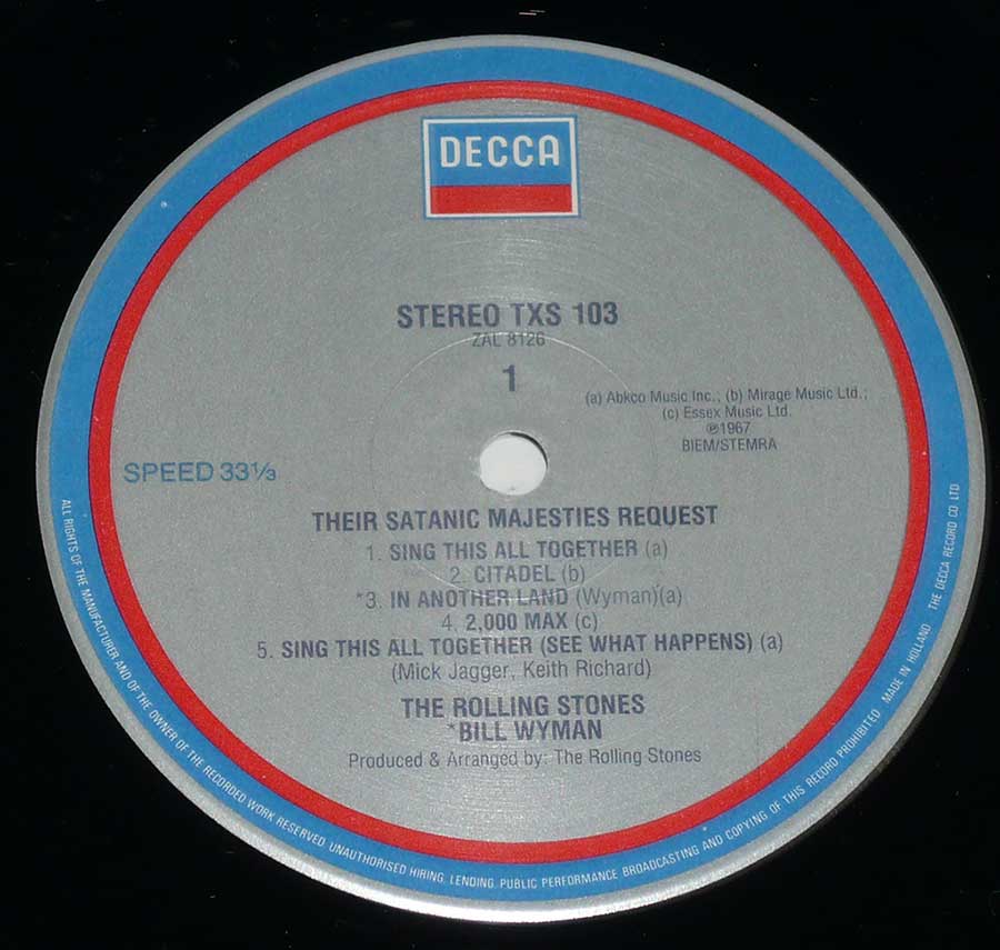 Close up of record's label ROLLING STONES - Their Satanic Majesties Request Side One