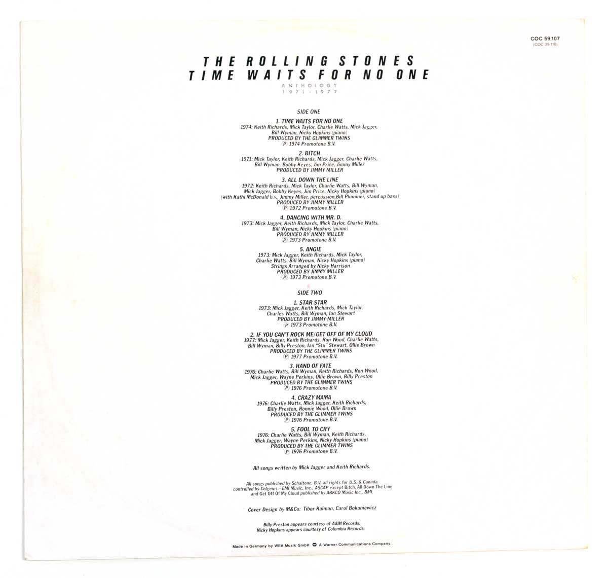 Inner Sleeve   of "ROLLING STONES Time Waits For No One (Anthology 1971-1977)" Album