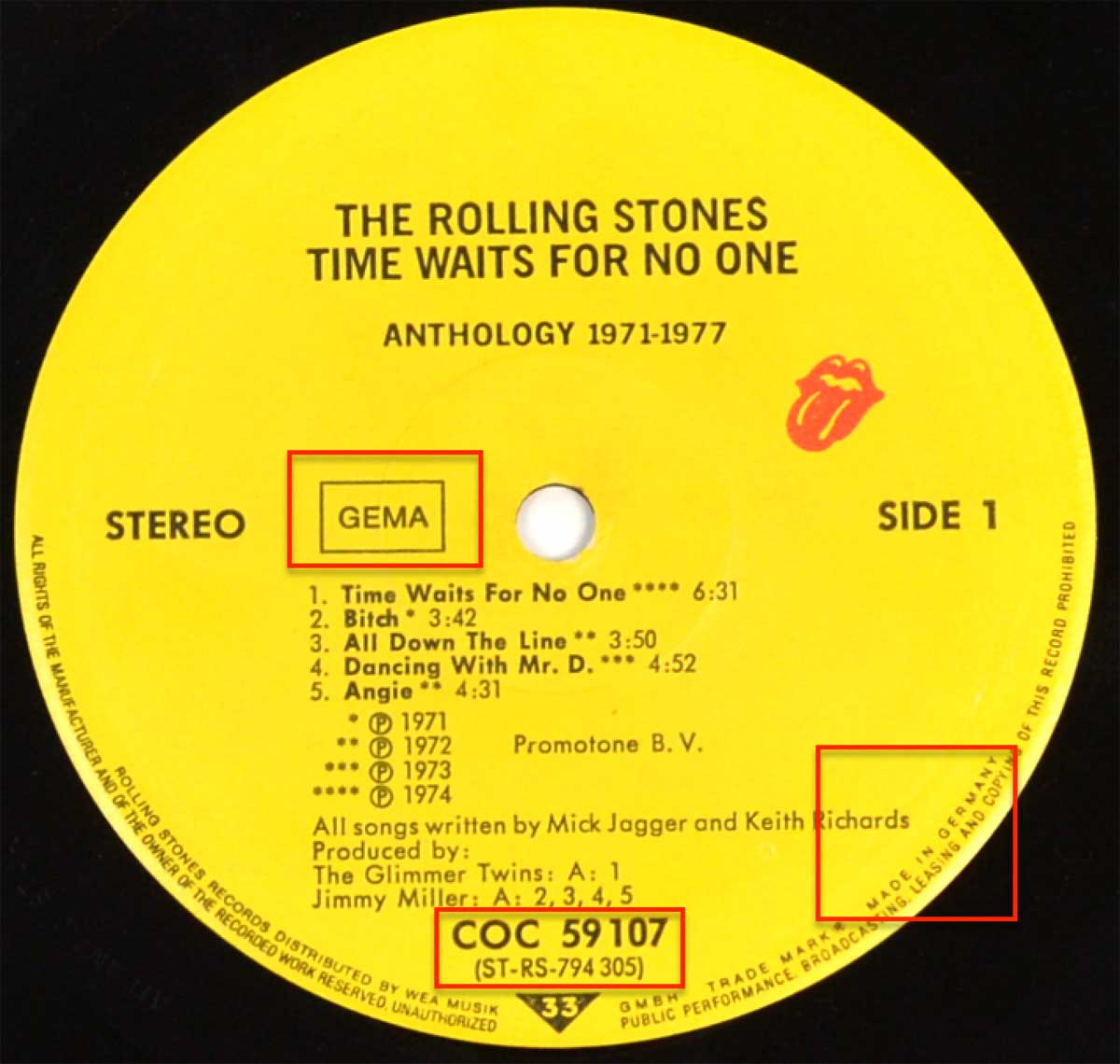 Enlarged & Zoomed photo of "ROLLING STONES Time Waits For No One (Anthology 1971-1977)" Record's Label