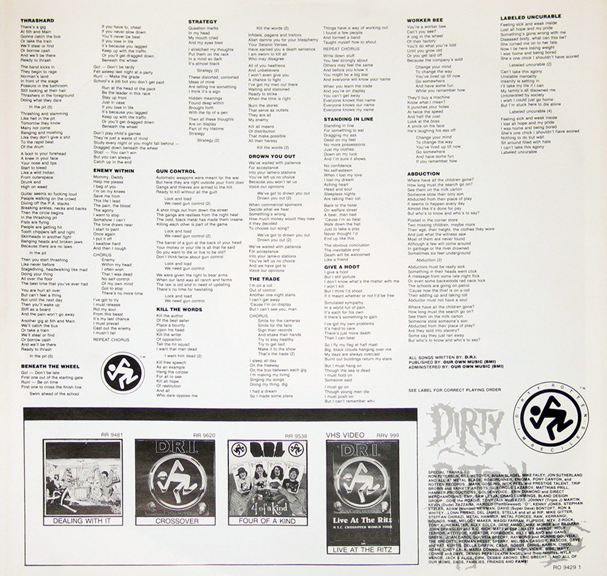 Inner sleeve of DRI's 'Thrash Zone' album, featuring full lyrics in black text on a white background, band logos, and images of previous album releases.