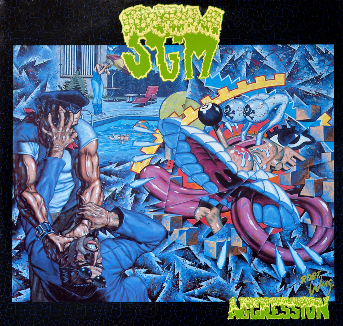 SGM Aggression album cover featuring a chaotic comic-style brawl, muscular men fighting, a surreal 8-ball breasted female android, pool scene in the background, vivid blues and reds, jagged shards, and artist signature 'Robert Williams'.