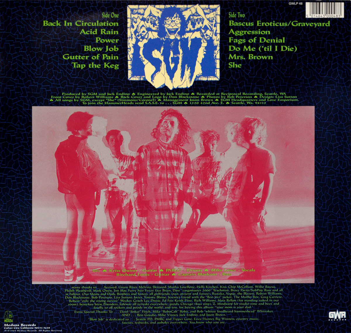 Back cover of SGM - Aggression LP showing full track listing for both sides, a distorted red band photo, production credits, and liner notes on a cracked black background.
