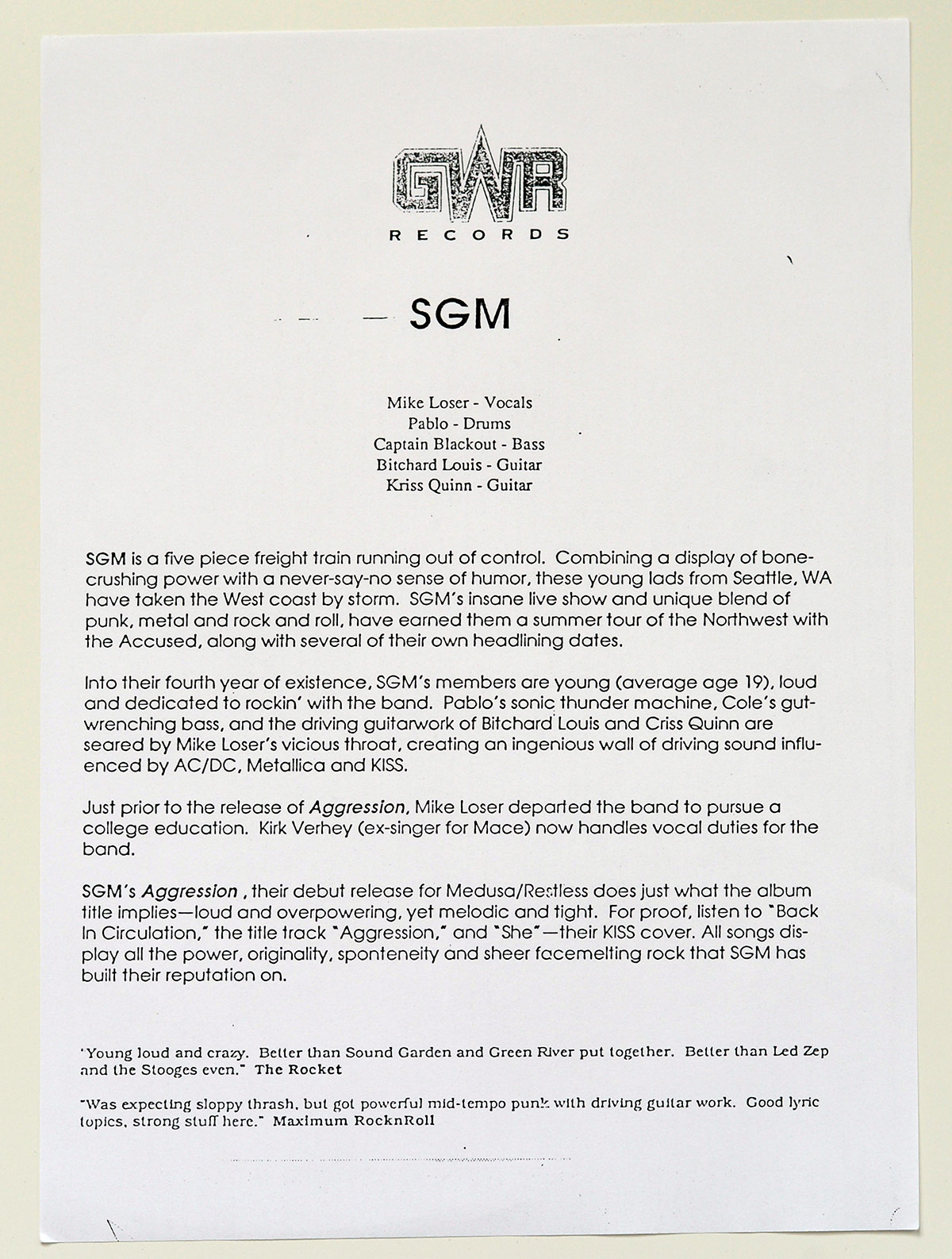 GWR Records promotional insert for SGM's Aggression album with band lineup, band bio, production info, and critical quotes from The Rocket and Maximum RocknRoll.