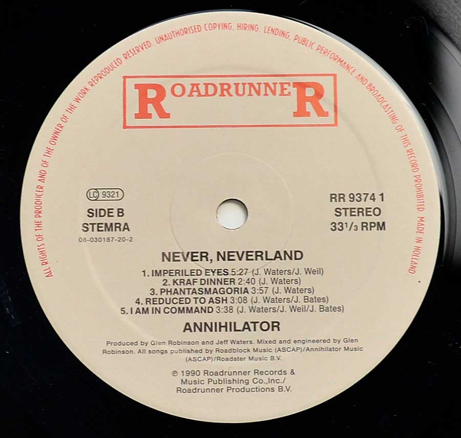 Close up of record's label ANNIHILATOR - Never, Neverland  Side Two