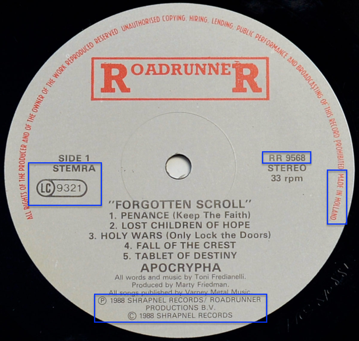 Side One record label of Apocrypha's The Forgotten Scroll with tracklist, production credits, and Roadrunner logo on grey background.
