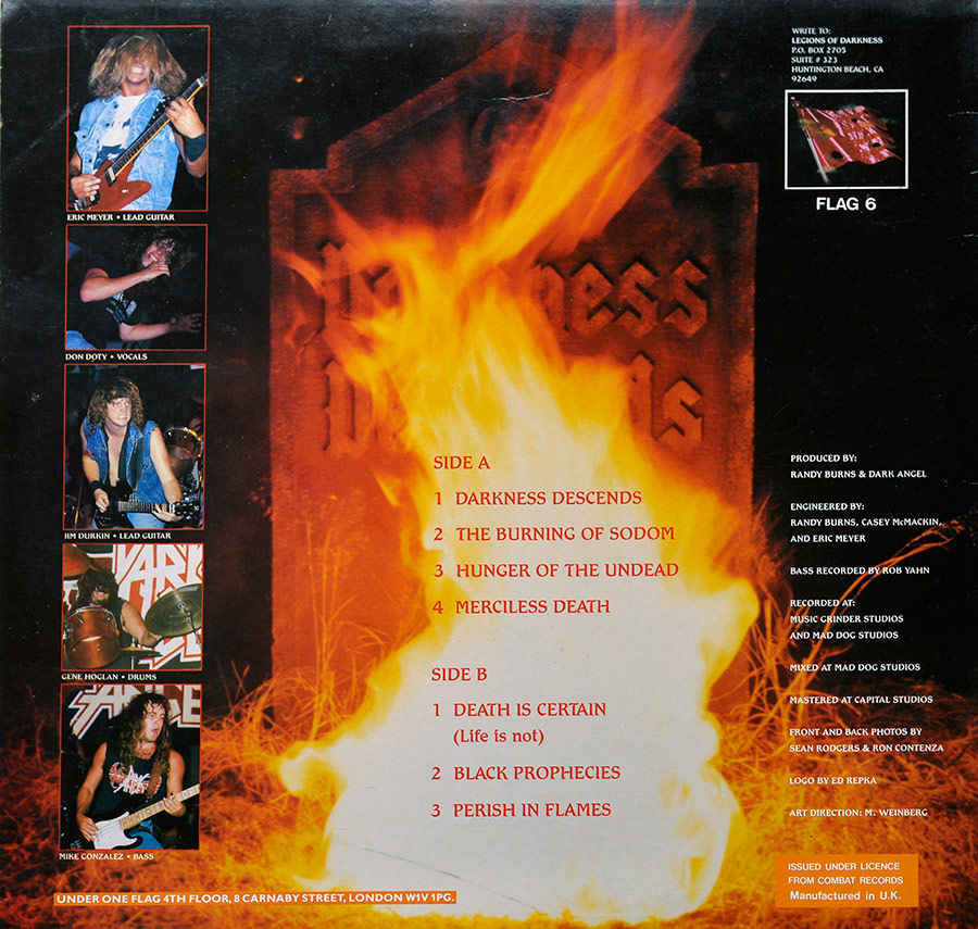 DARK ANGEL - Darkness Descends Under One Flag Records 12" LP ALBUM VINYL  back cover