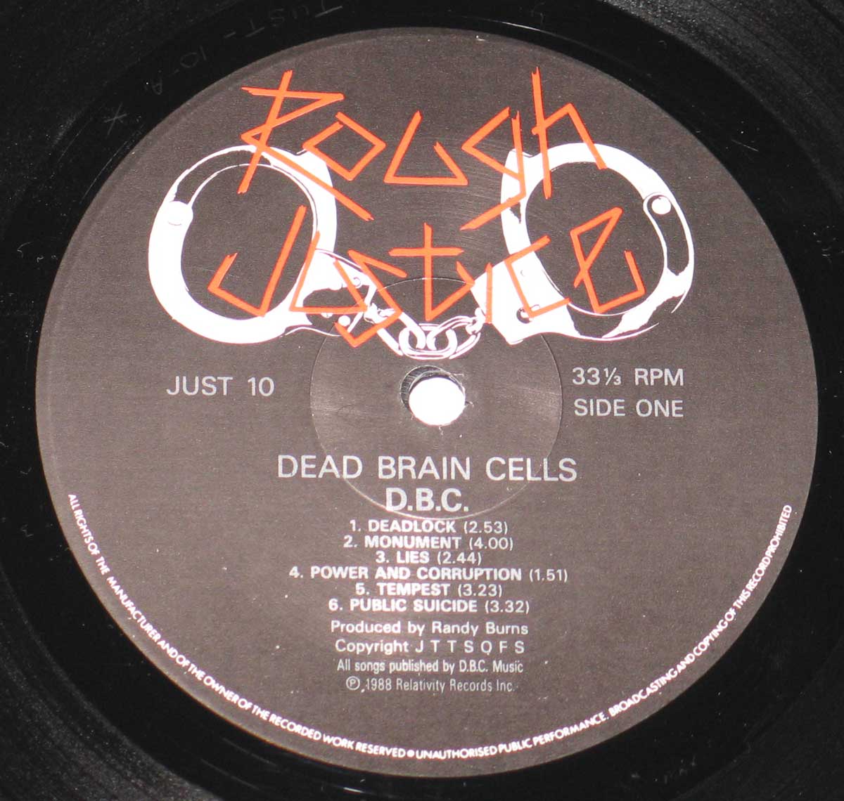 Close up of the DBC Dead Brain Cells - Self-Titled record's label 