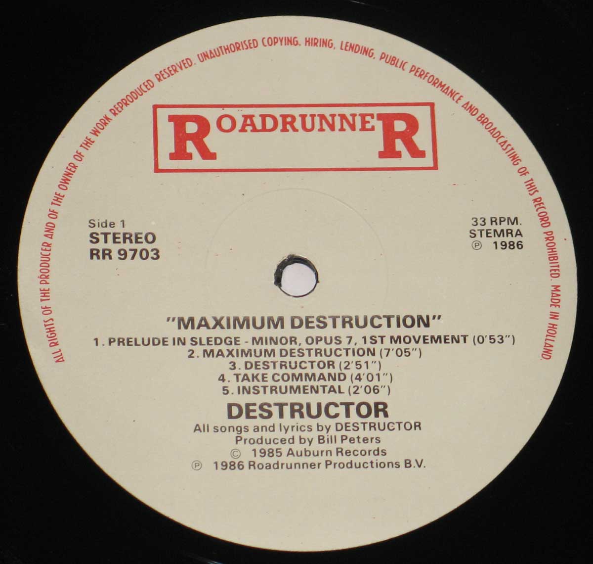 Enlarged High Resolution Photo of the Record's label DESTRUCTOR - Maximum Destruction https://vinyl-records.nl