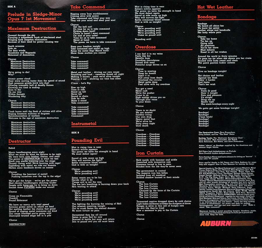 DESTRUCTOR - Maximum Destruction USA Release Auburn Records Incl OIS 12" Vinyl LP Album custom inner sleeve