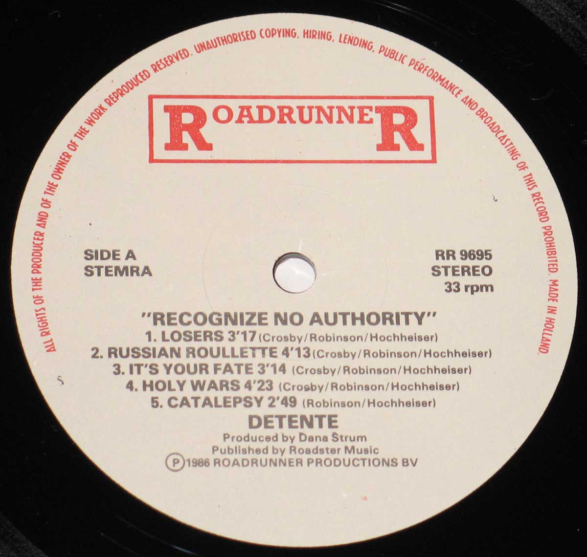 Enlarged High Resolution Photo of the Record's label DETENTE Recognize no Authority https://vinyl-records.nl