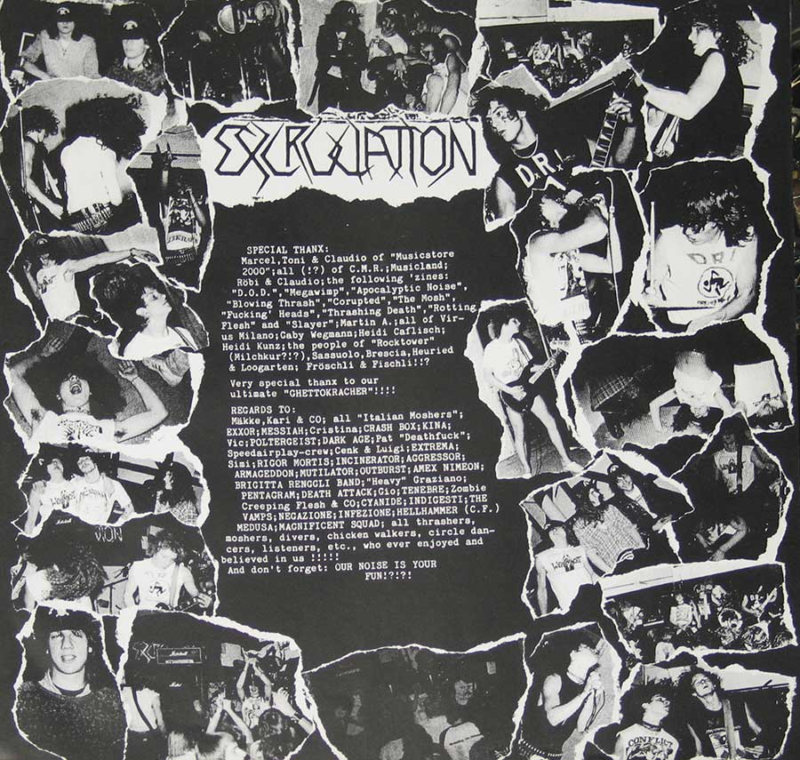 A collage of black and white Excruciation band photos on the inner sleeve 
