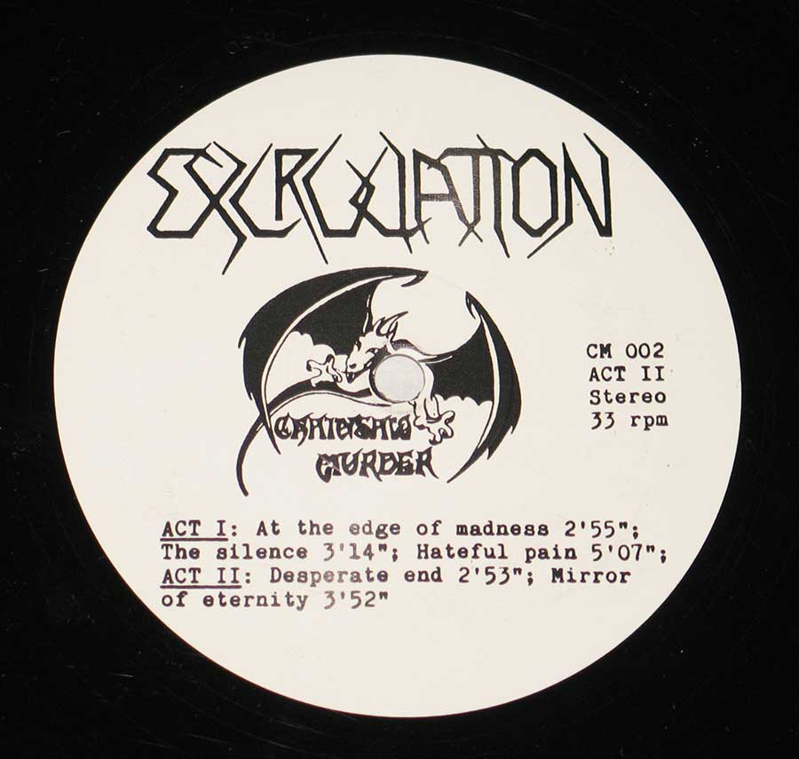 Side Two Close up of record's label EXCRUCIATION - Last Judgement Rare Swiss Metal + Lyrics Sheet 12" VINYL LP ALBUM