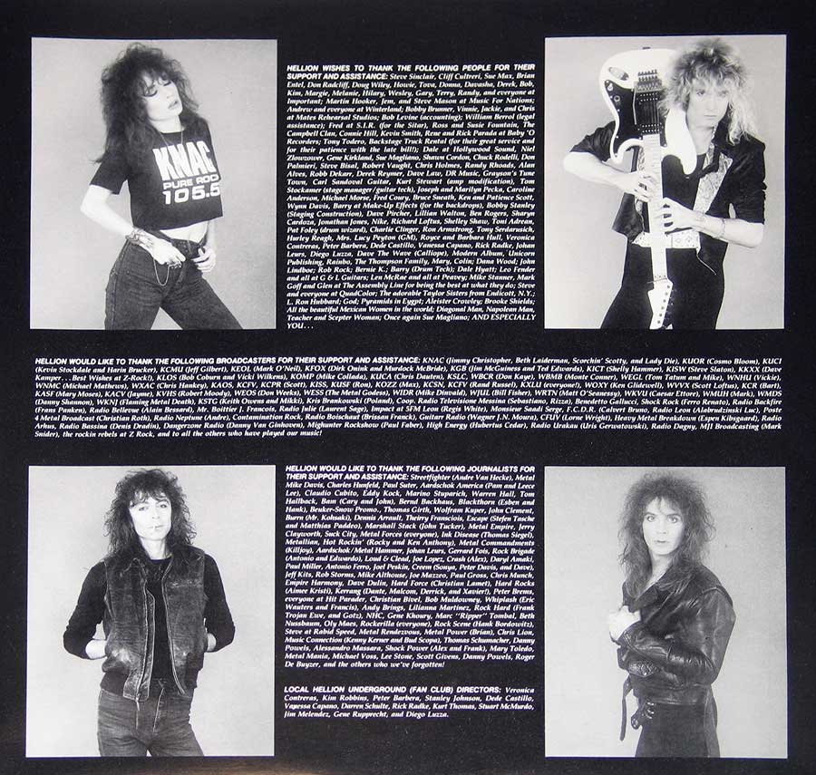 Four photos of the Hellion band memebrs on the original custom inner sleeve