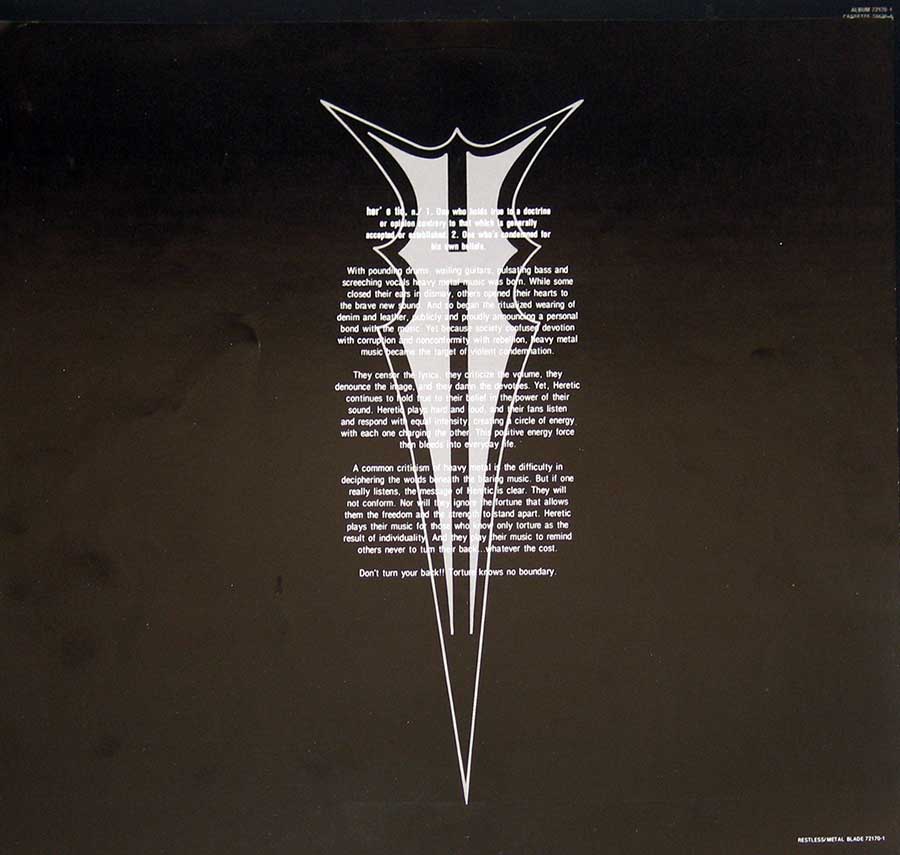 Photo One Of The Original Custom Inner Sleeve HERETIC TORTURE - Knows No Boundary 12" Vinyl LP Album 