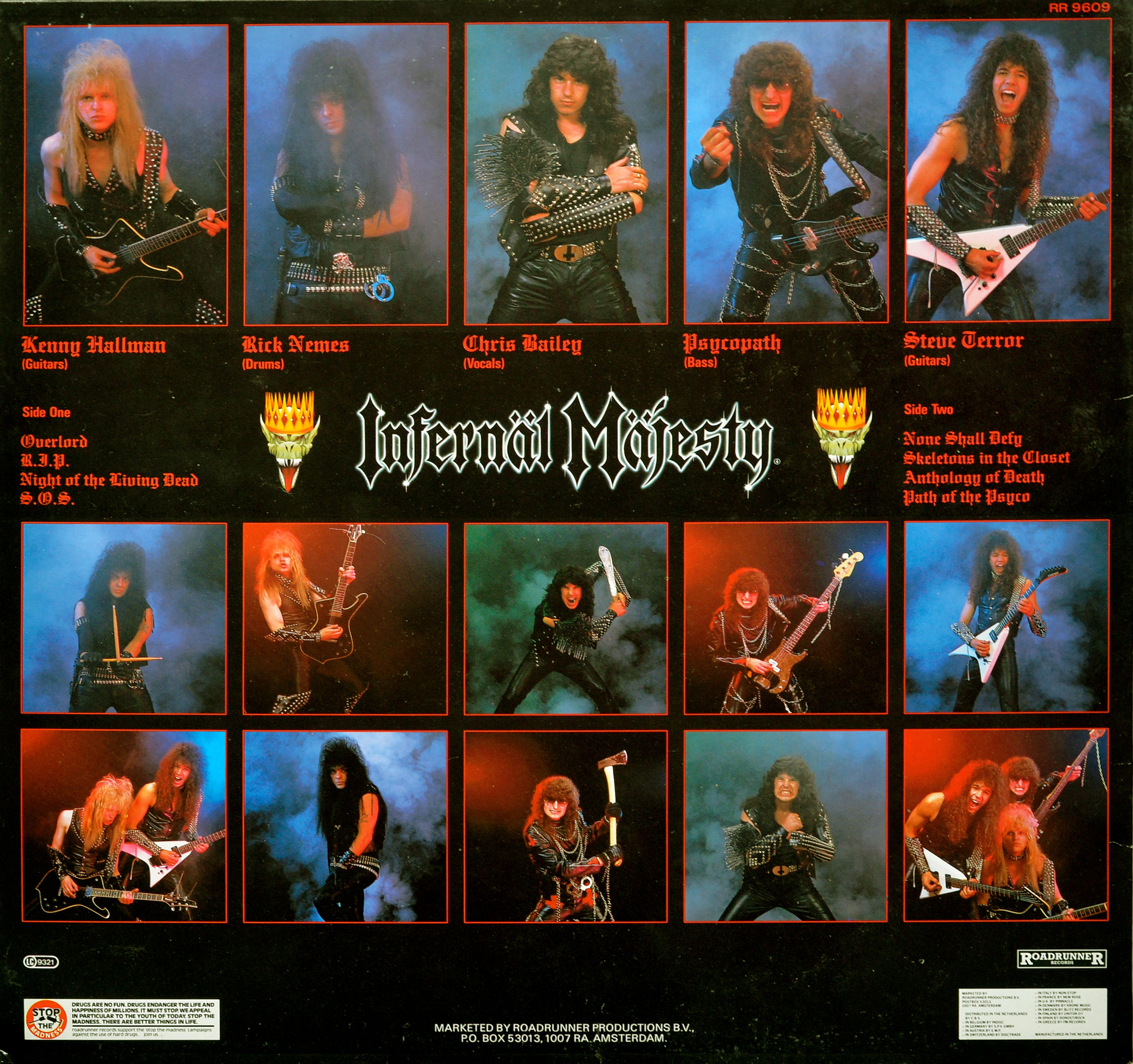 Back cover of Infernal Majesty’s None Shall Defy album featuring individual portraits of band members Kenny Hallman (guitars), Rick Nemes (drums), Chris Bailey (vocals), Psycopath (bass), and Steve Terror (guitars) in studded leather outfits. Below are dynamic action shots of the band performing with instruments against smoky red, blue, and green backgrounds. The band logo appears in the center with the spiked crown icon, and the tracklist for Side One and Side Two is displayed in red text. The Roadrunner Records logo and production credits are located at the bottom. https://vinyl-records.nl 