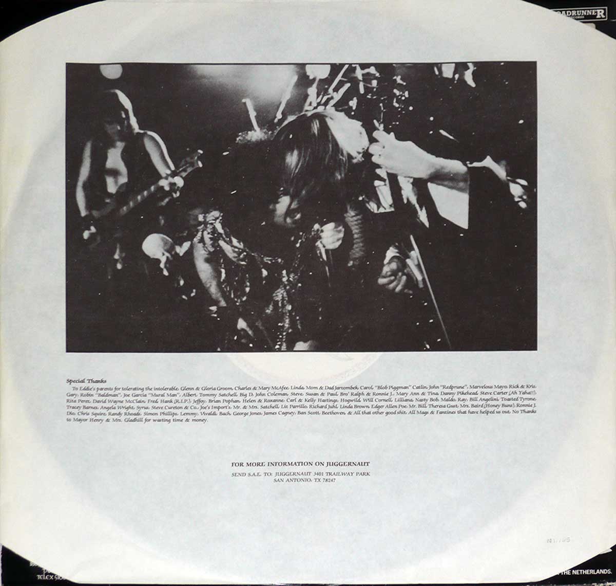 High Resolution Photo  of the  Original Custom Inner Sleeve (OIS) #1 of JUGGERNAUT - Baptism Under Fire https://vinyl-records.nl