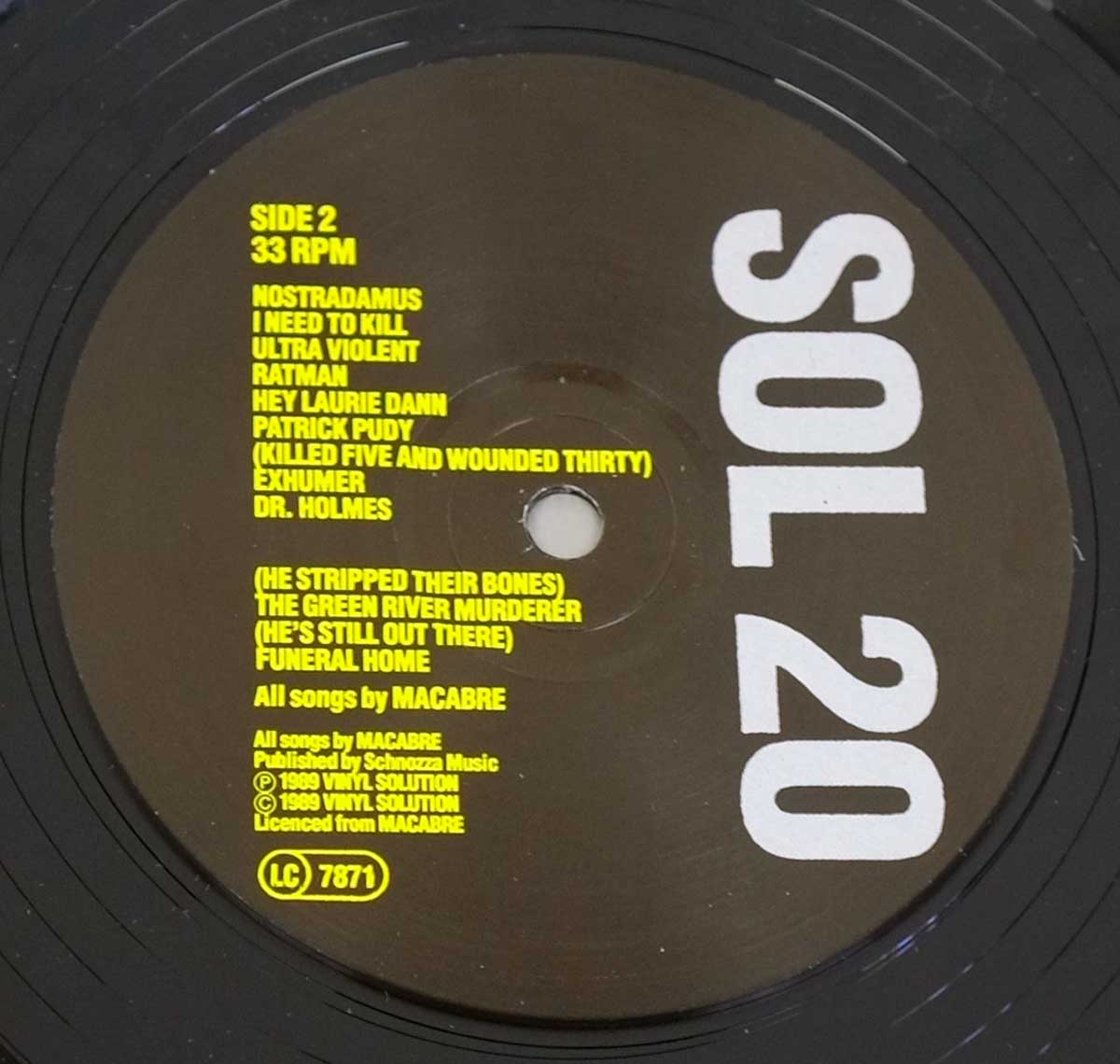 Close-up photo of the Black "Vinyl Solution" SOL 20 Record Label  