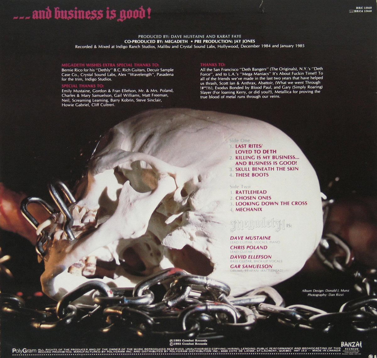 Back Cover  Photo of "Killing is my Business ... ... and Business is Good" Album 