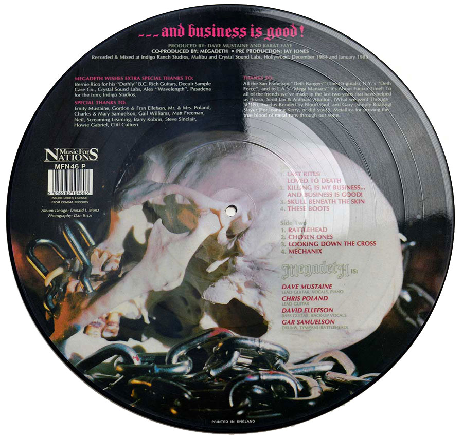 Photo of album back cover MEGADETH - Killing Is My Business 12" Picture Disc 