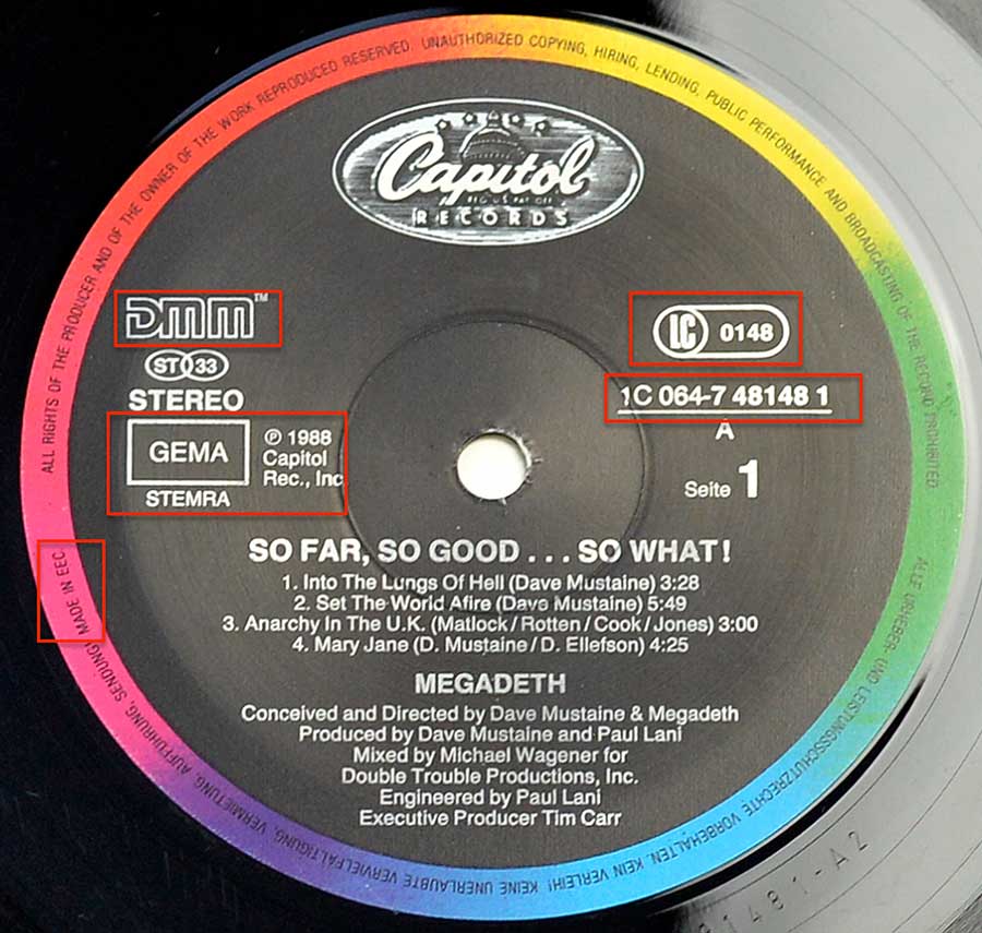 Photo of record label of MEGADETH - So Far So Good So What ( Thrash Metal, Germany DMM ) 
