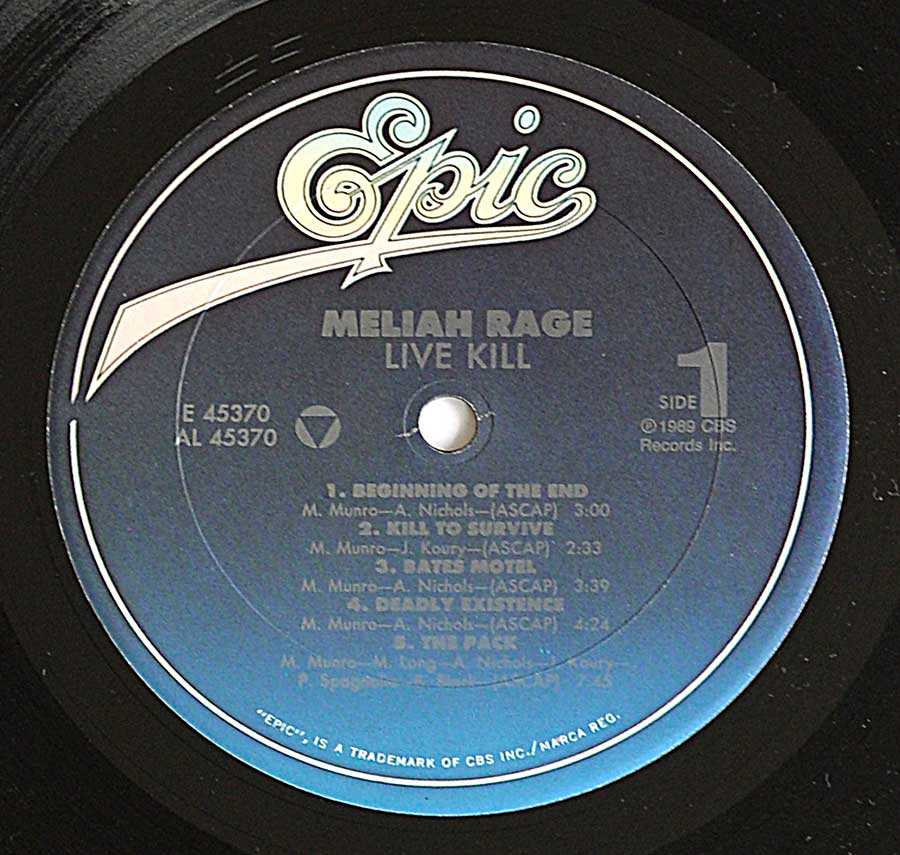 Close up of Side One record's label MELIAH RAGE - Live Kill (Single Sided) 12" LP Album Vinyl 