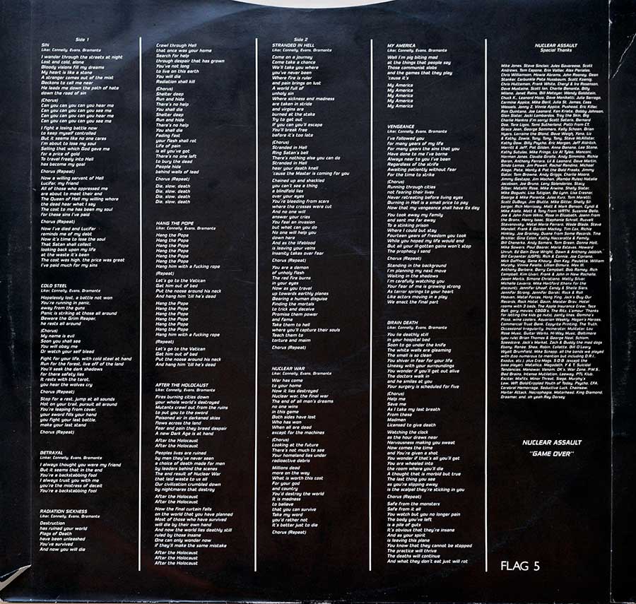 Photo Two of the original custom inner sleeve  NUCLEAR ASSAULT - Game Over ( England Pressing )