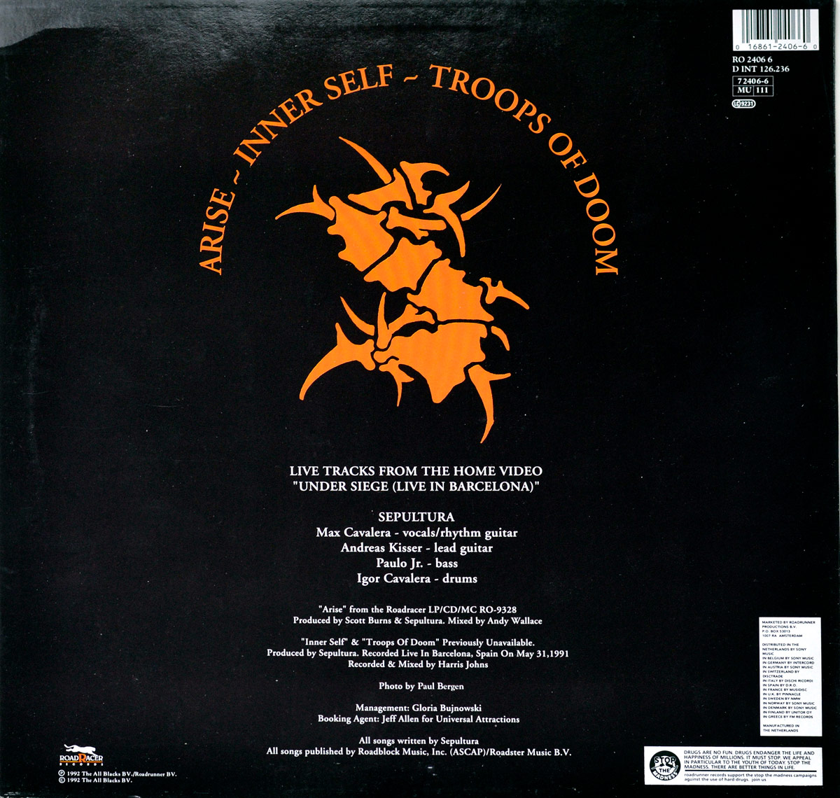 Back cover of SEPULTURA's Arise 12-inch maxi-single, showing orange tribal emblem, track titles, live recording credits, band lineup, and production details against a black background.