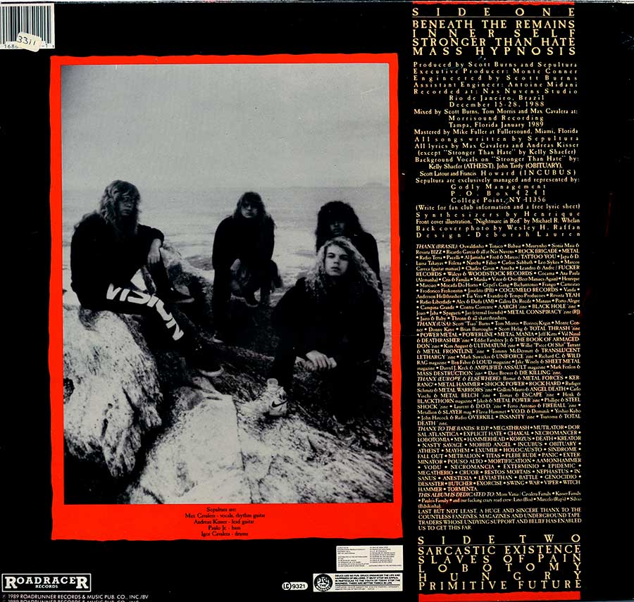 SEPULTURA - Beneath The Remains RoadRaceR Records 12" LP ALBUM VINYL 
 back cover