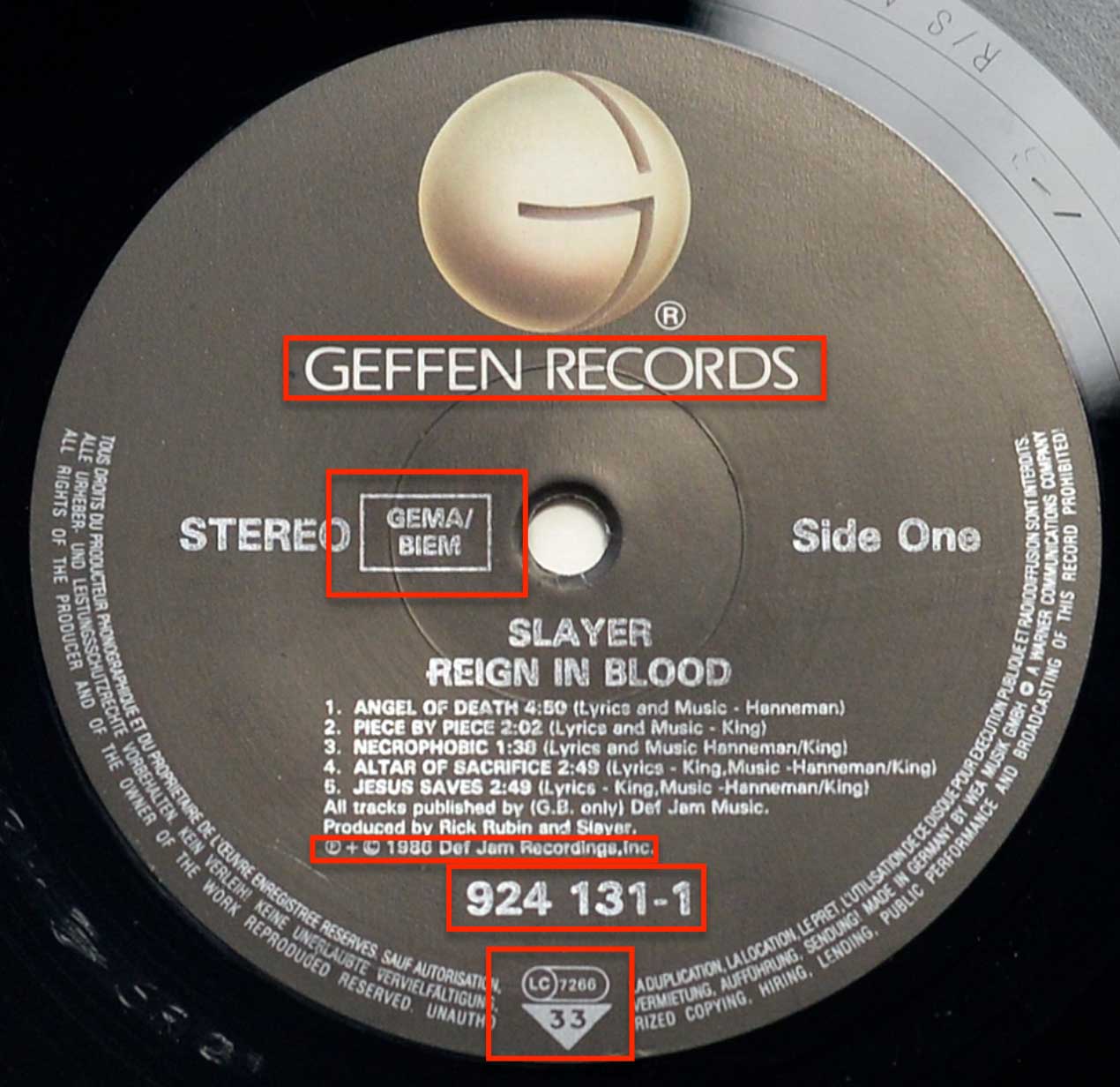 Photo of record label of SLAYER - Reign in Blood (Geffen Records) 