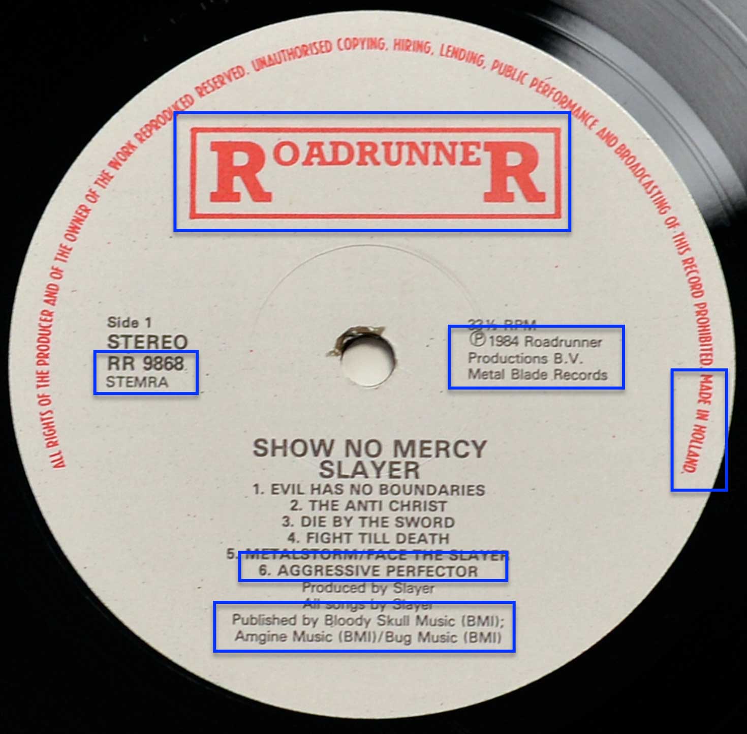 Photo of record label of SLAYER - Show No Mercy incl OIS ( No Barcode ) 