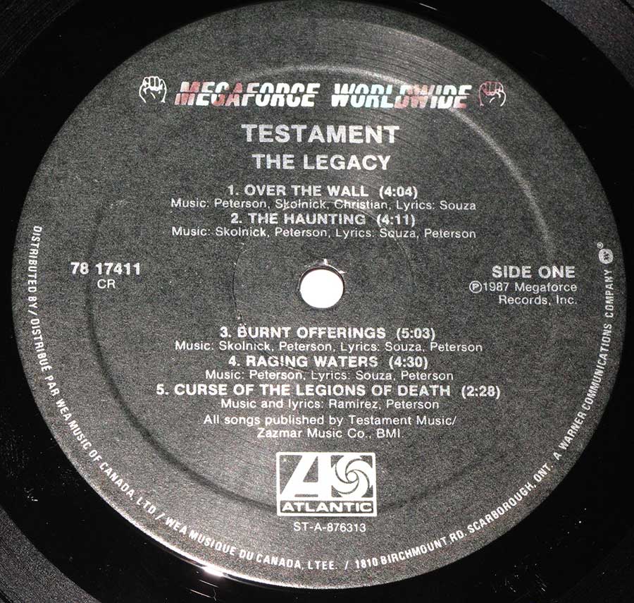 Close up of record's label TESTAMENT - The Legacy ( Canada )
 Side One
