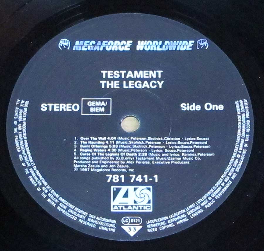 Close up of record's label TESTAMENT - The Legacy Side One