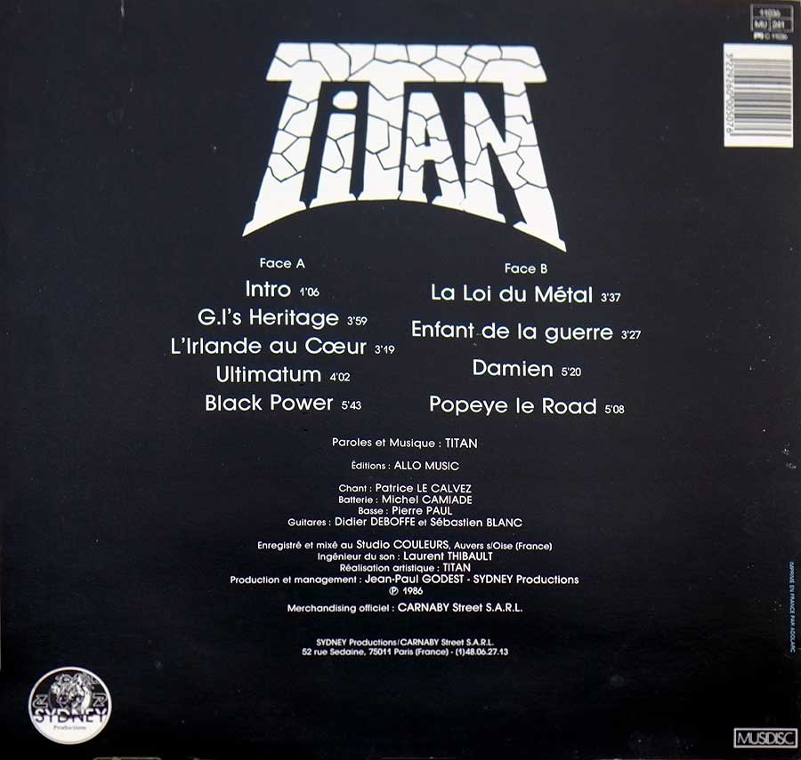 Photo of album back cover TITAN - Self-Titled OIS France Speed Metal 12" LP Vinyl Album