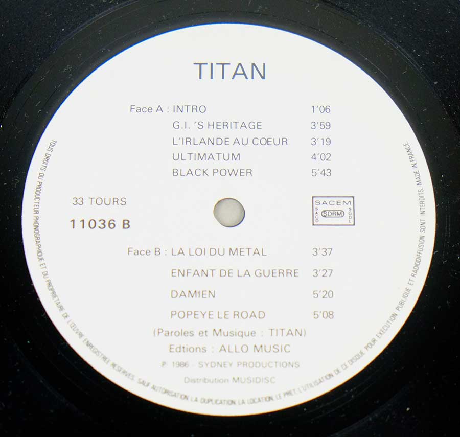 Close up of record's label TITAN - Self-Titled OIS France Speed Metal 12" LP Vinyl Album Side Two