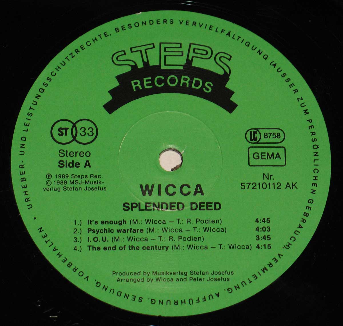 Close-up Photo of "WICCA - Splended Deed" "STPES Records" Record Label  