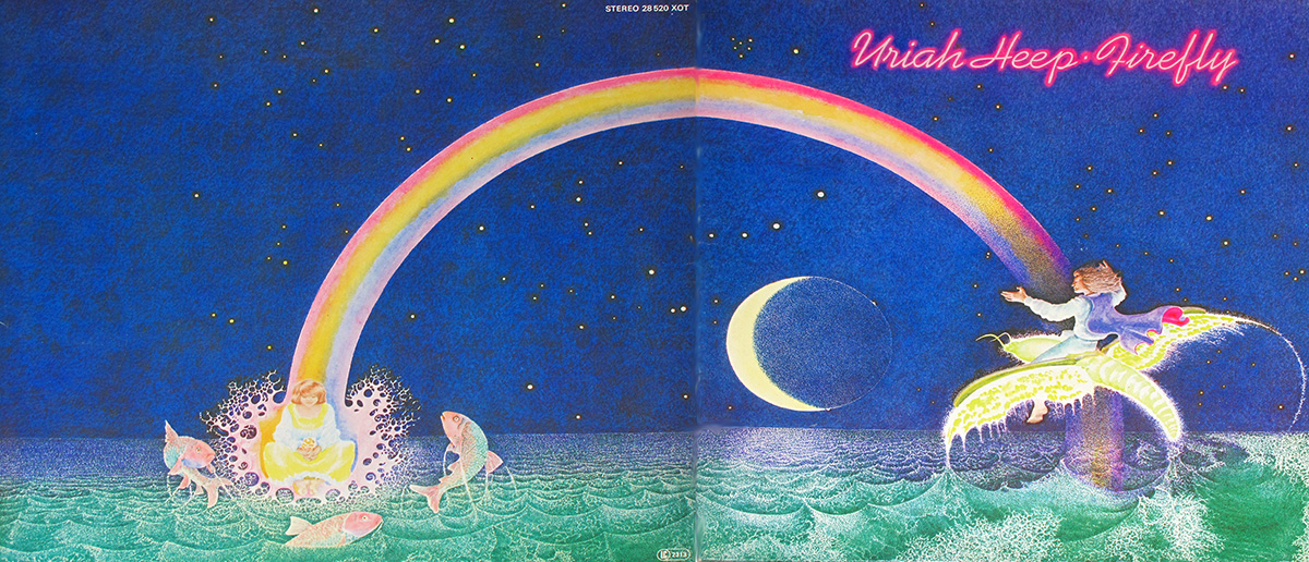 Album cover of Uriah Heep’s Firefly with combined gatefold artwork. A vibrant illustration shows a rainbow arching over a starry night sky and green sea. On the left, a glowing figure sits on the water surrounded by leaping fish. On the right, a rider on a glowing winged firefly soars beneath the crescent moon. The title “Uriah Heep • Firefly” is written in bright neon-pink cursive.