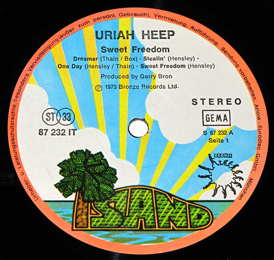 Close up of record's label URIAH HEEP - Sweet Freedom Island Records  Side One